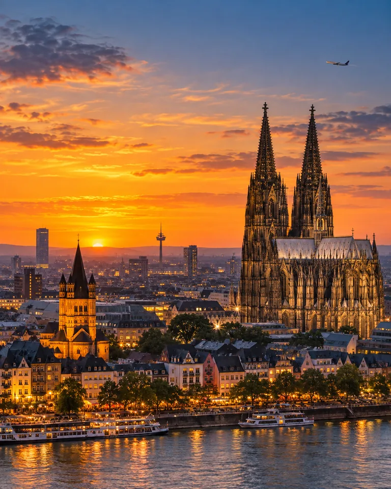 Akşam ışıklarıyla Köln ve gökyüzünde uçak