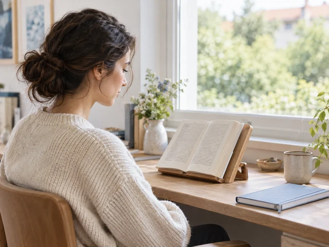 Pencere yanındaki masada kitap okuyan kadın