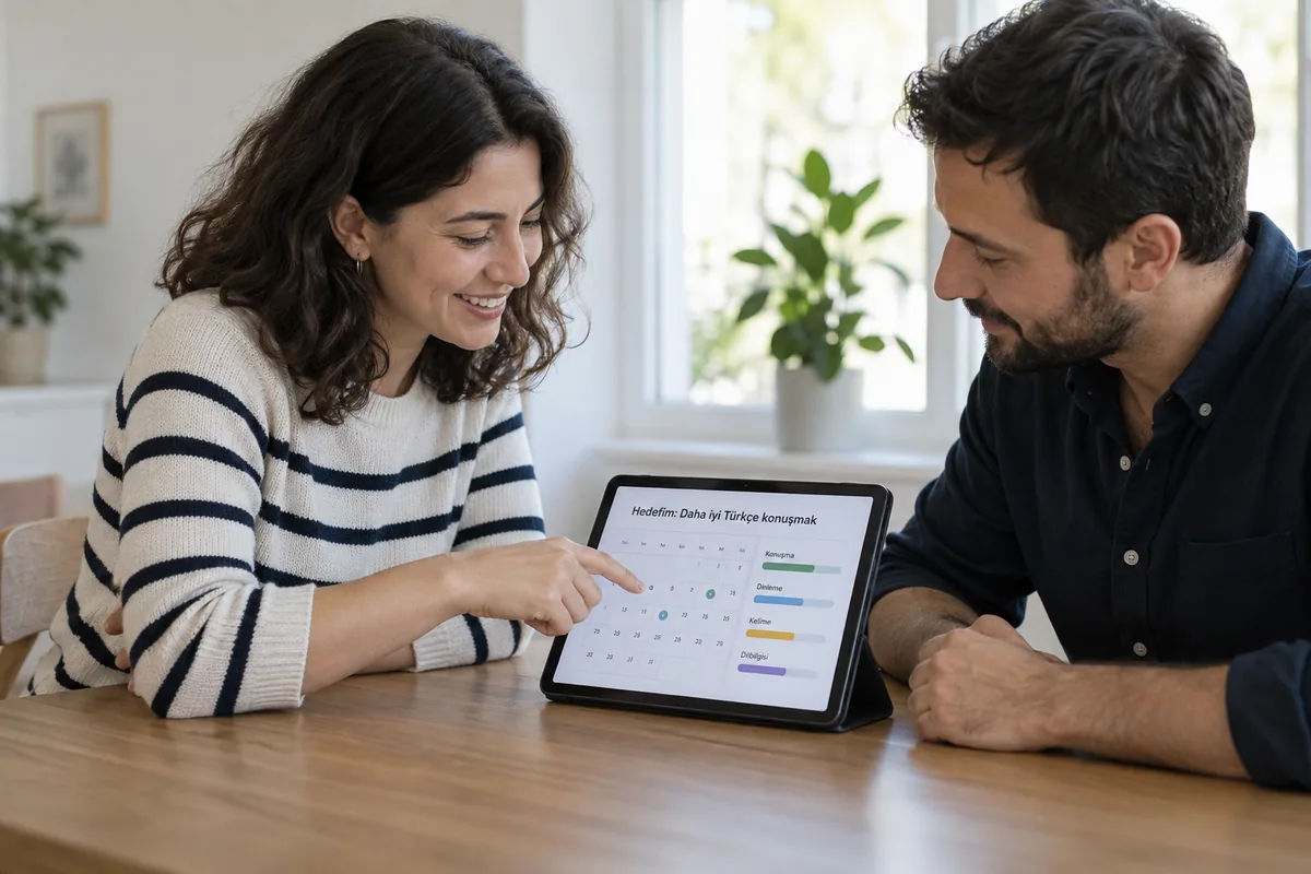 Tablette dil öğrenme hedefi ve çalışma planını inceleyen iki yetişkin